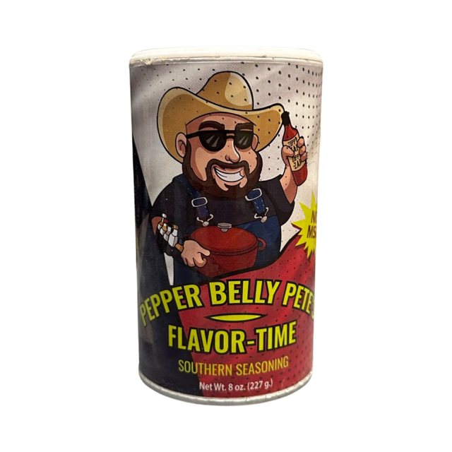 Pepper Belly Pete's Flavor-Time Southern Seasoning. Front