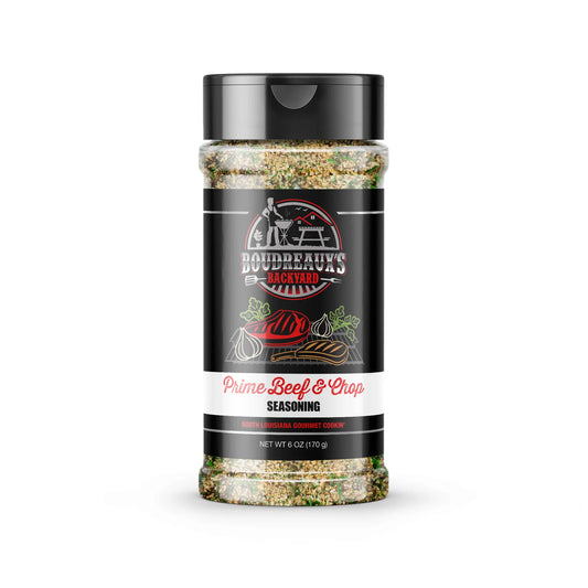 Boudreaux's Backyard Prime Beef & Chop Seasoning. Front