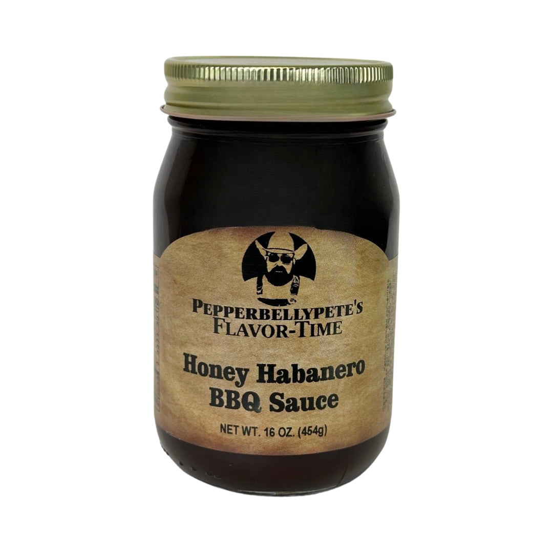 Pepper Belly Pete's Honey Habanero BBQ Sauce. Front