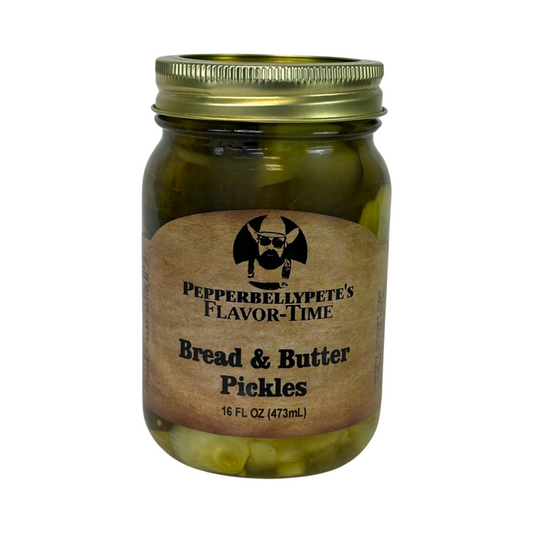 Pepper Belly Pete's Bread & Butter Pickles. Front