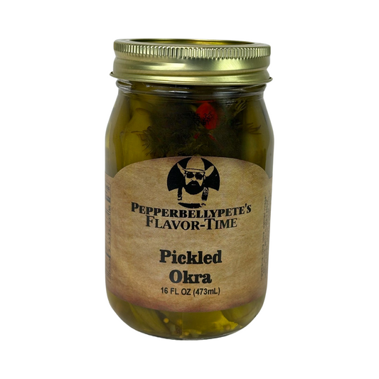 Pepper Belly Pete's Pickled Okra. Front