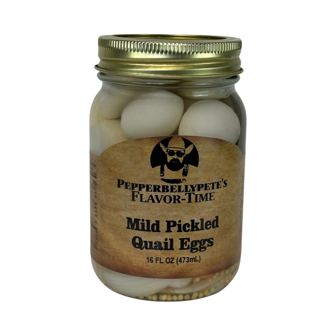 Pepper Belly Pete's Mild Pickled Quail Eggs. Front