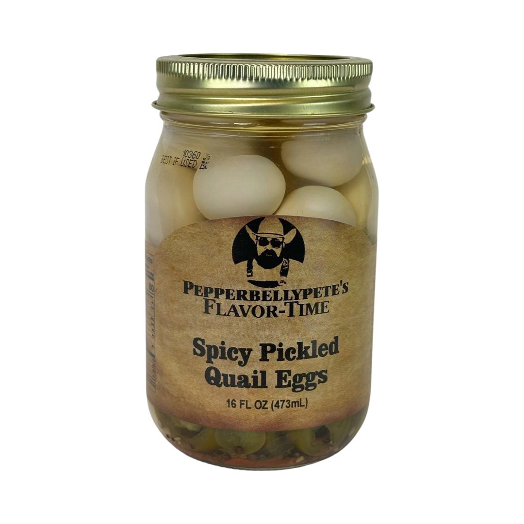 Pepper Belly Pete's Spicy Pickled Quail Eggs. Front