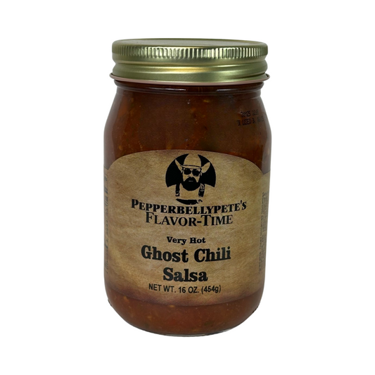 Pepper Belly Pete's Ghost Chili Salsa. Front