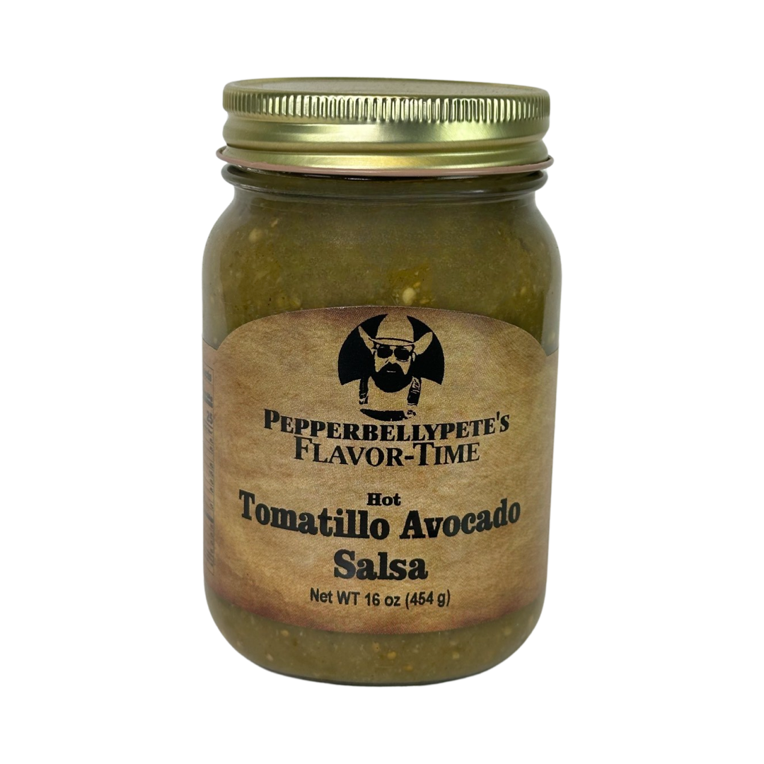 Pepper Belly Pete's Tomatillo Avocado Salsa. Front