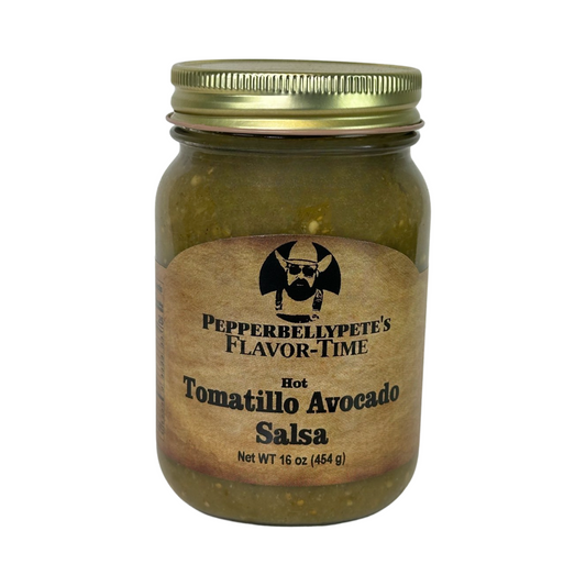 Pepper Belly Pete's Tomatillo Avocado Salsa. Front