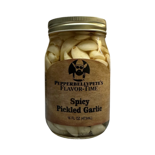 Pepper Belly Pete's Spicy Pickled Garlic. Front