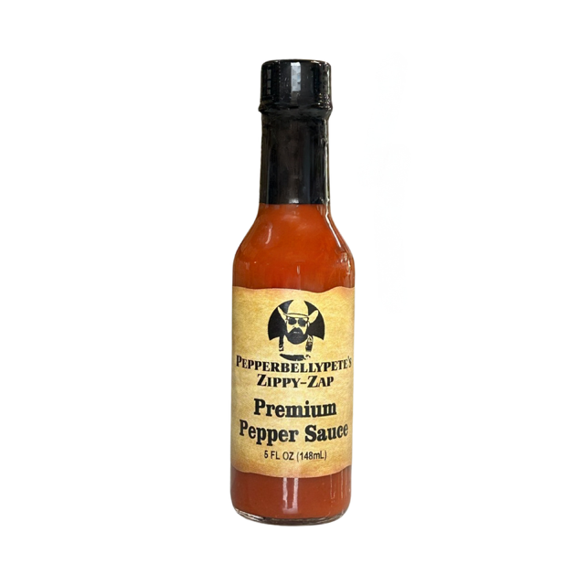 Zippy-Zap Premium Pepper Sauce is Pepper Belly Pete's most popular sauce. Zippy Zap Sauce Front