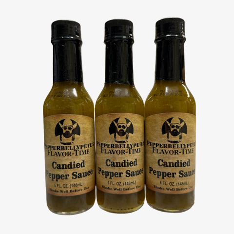 Pepper Belly Pete's 3 Pack Candied Pepper Sauce. Front.