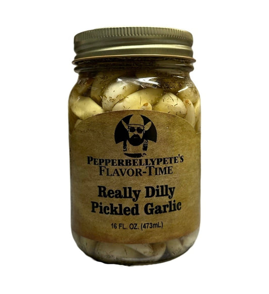 Pepper Belly Pete's Really Dilly Pickled Garlic. Front.