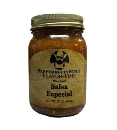 Pepper Belly Pete's Medium Salsa Especial. Front.